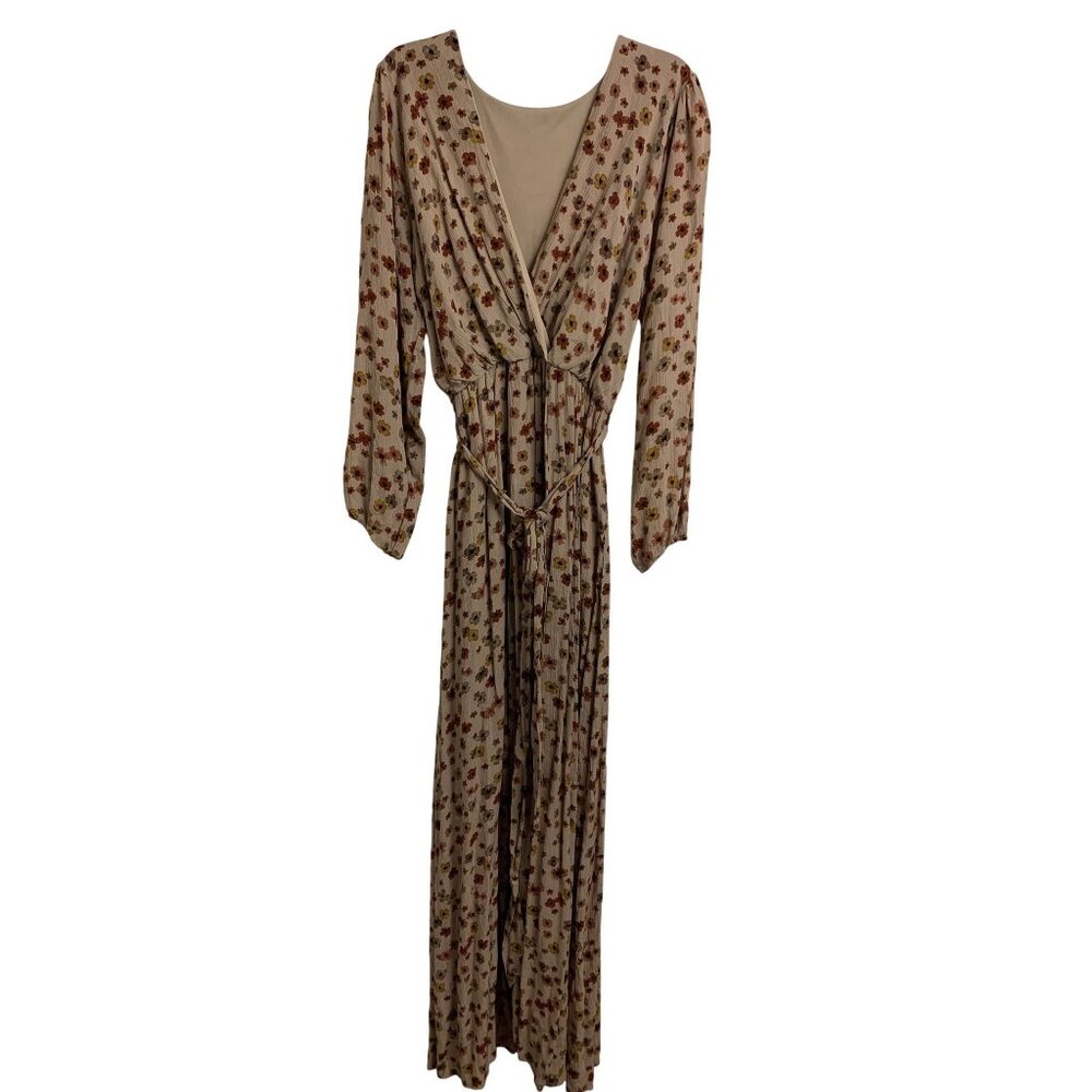 Solid M Floral Wrap Puff Sleeve Feminine Maxi Dress Neutral Tones